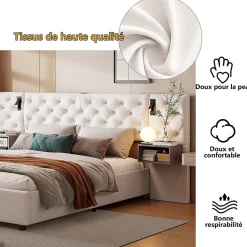 Fortuna lai Lit Coffre Adulte 140x200 Cm Avec Tête De Lit, Liseuse, Port USB, 2 Tables De Chevet, Velours, Blanc* Lit Coffre