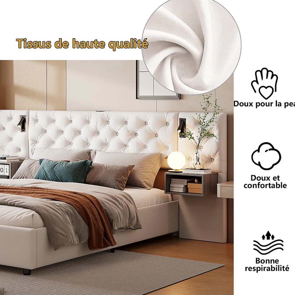 Fortuna lai Lit Coffre Adulte 140x200 Cm Avec Tête De Lit, Liseuse, Port USB, 2 Tables De Chevet, Velours, Blanc* Lit Coffre