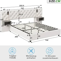 Fortuna lai Lit Coffre Adulte 140x200 Cm Avec Tête De Lit, Liseuse, Port USB, 2 Tables De Chevet, Velours, Blanc* Lit Coffre