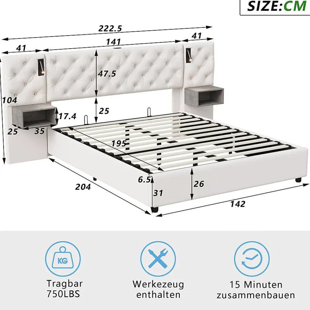 Fortuna lai Lit Coffre Adulte 140x200 Cm Avec Tête De Lit, Liseuse, Port USB, 2 Tables De Chevet, Velours, Blanc* Lit Coffre