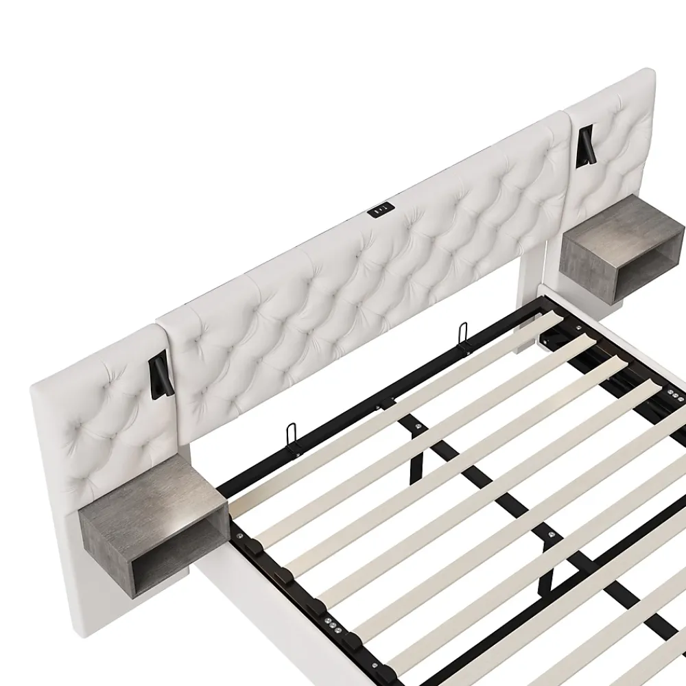 Fortuna lai Lit Coffre Adulte 140x200 Cm Avec Tête De Lit, Liseuse, Port USB, 2 Tables De Chevet, Velours, Blanc* Lit Coffre