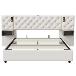 Fortuna lai Lit Coffre Adulte 140x200 Cm Avec Tête De Lit, Liseuse, Port USB, 2 Tables De Chevet, Velours, Blanc* Lit Coffre