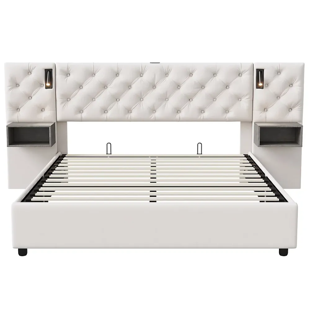 Fortuna lai Lit Coffre Adulte 140x200 Cm Avec Tête De Lit, Liseuse, Port USB, 2 Tables De Chevet, Velours, Blanc* Lit Coffre