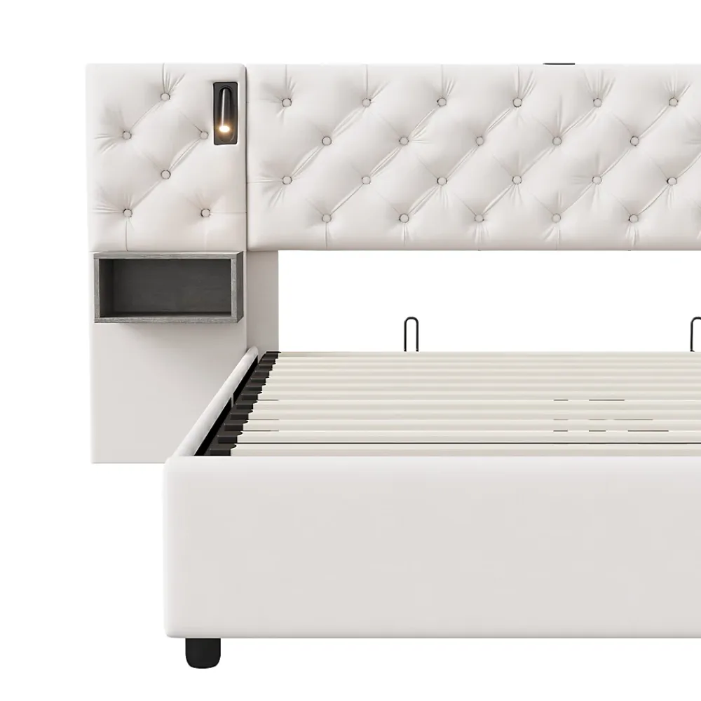 Fortuna lai Lit Coffre Adulte 140x200 Cm Avec Tête De Lit, Liseuse, Port USB, 2 Tables De Chevet, Velours, Blanc* Lit Coffre