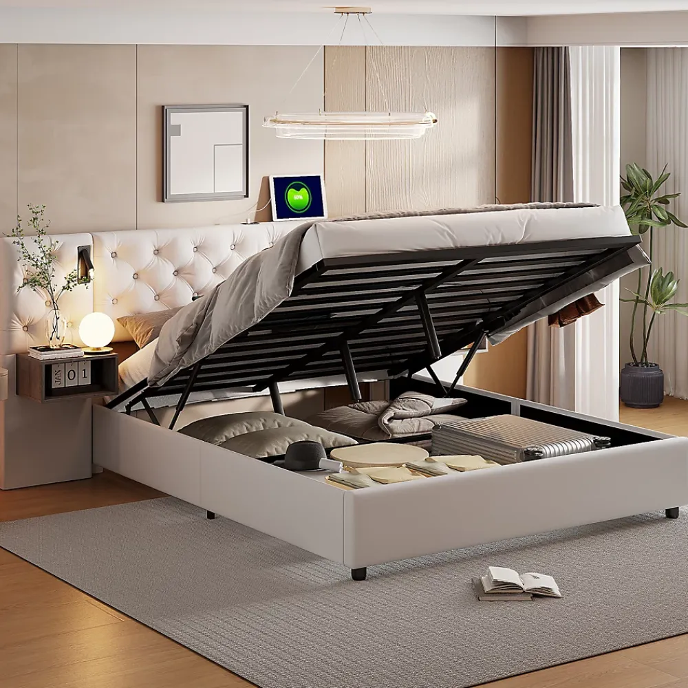 Fortuna lai Lit Coffre Adulte 140x200 Cm Avec Tête De Lit, Liseuse, Port USB, 2 Tables De Chevet, Velours, Blanc* Lit Coffre