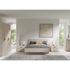 Lit coffre AMALIE 180x200 cm Tete tapissée tissu beige Sommier inclus Matelas non inclus><noscript><img width=