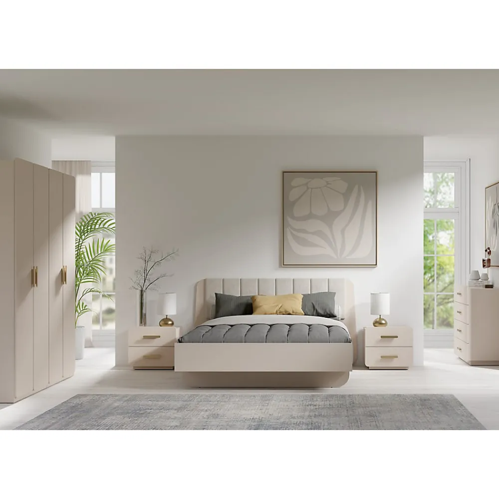 Lit coffre AMALIE 180x200 cm Tete tapissée tissu beige Sommier inclus Matelas non inclus>Meublorama Online