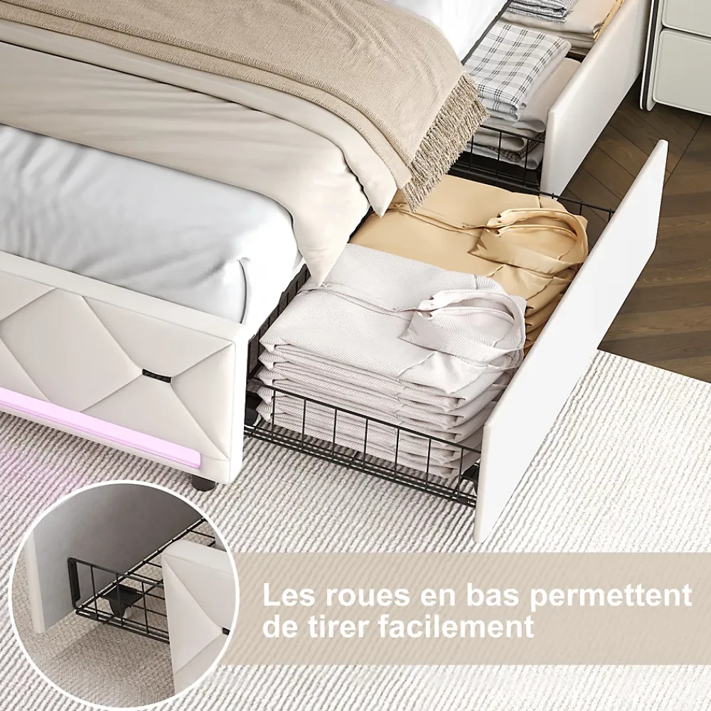 ProximaX Lit coffre avec 4 tiroirs, LED multicolores et port USB, 140x190 cm, Velours blanc cassé design moderne* Lit Coffre