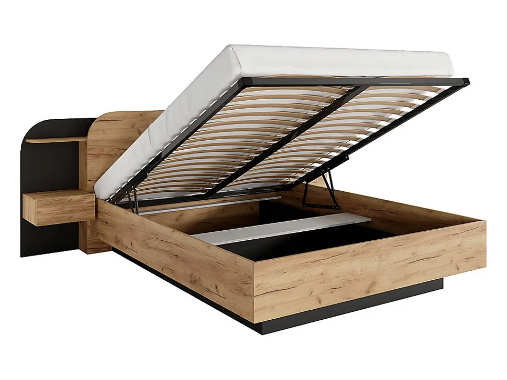 Lit coffre avec chevets 160 x 200 cm - Avec LEDs - Coloris : Naturel et noir + Matelas - JUVISIA>Vente-unique Online