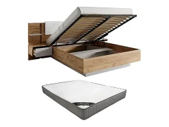 Lit coffre avec chevets 160 x 200 cm - Avec LEDs - Coloris : Naturel et blanc + Matelas - ELYNIA><noscript><img width=