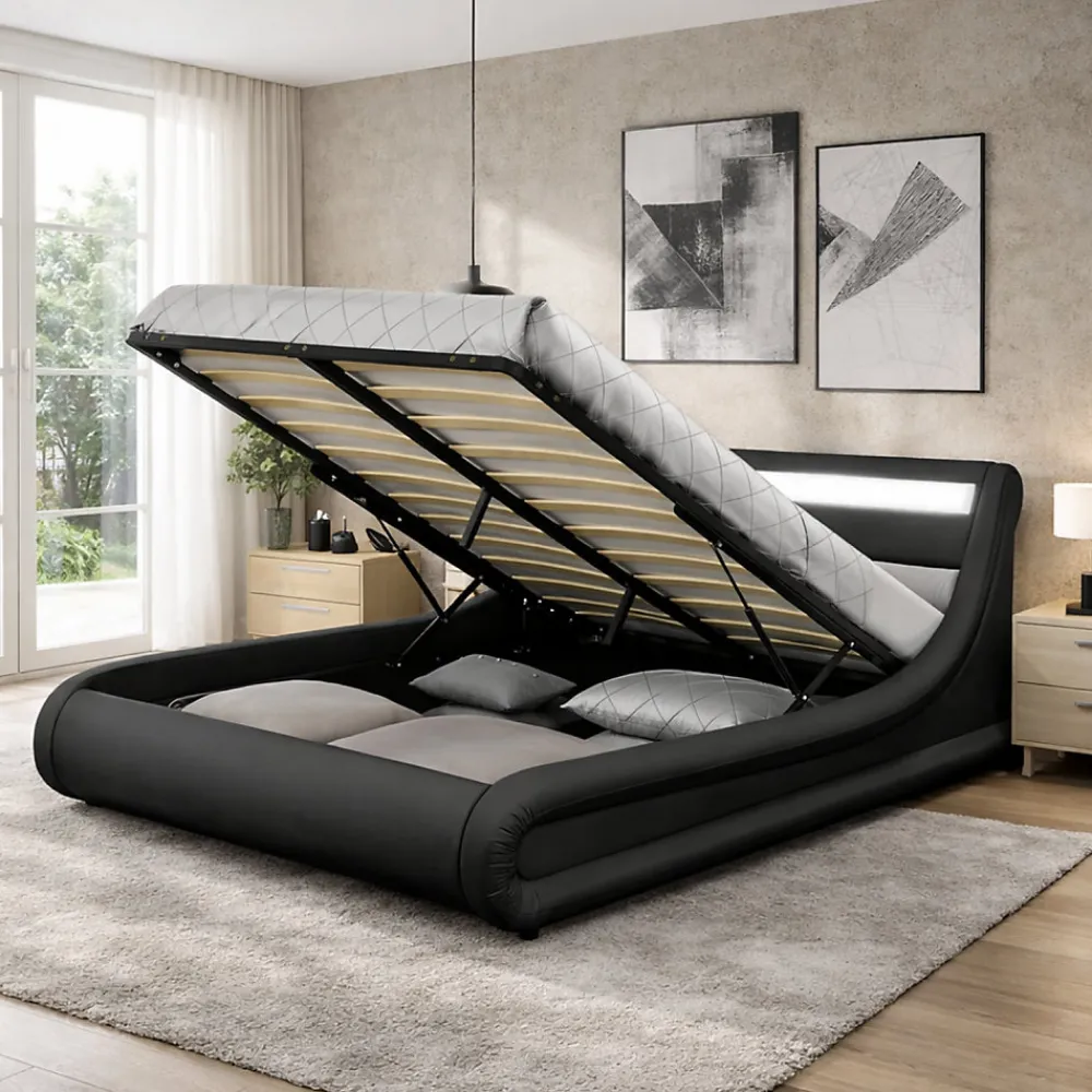 Lit coffre avec LED 140 x 190 cm noir - PORTLAND>Concept Usine Online