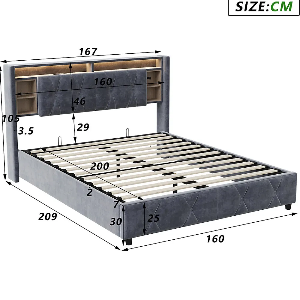 Lit Coffre Avec LED Et USB, Lit Tapissé 160x200, Tissu Velours, Sommier à Lattes En Bois Massif,gris>Simple Life Discount