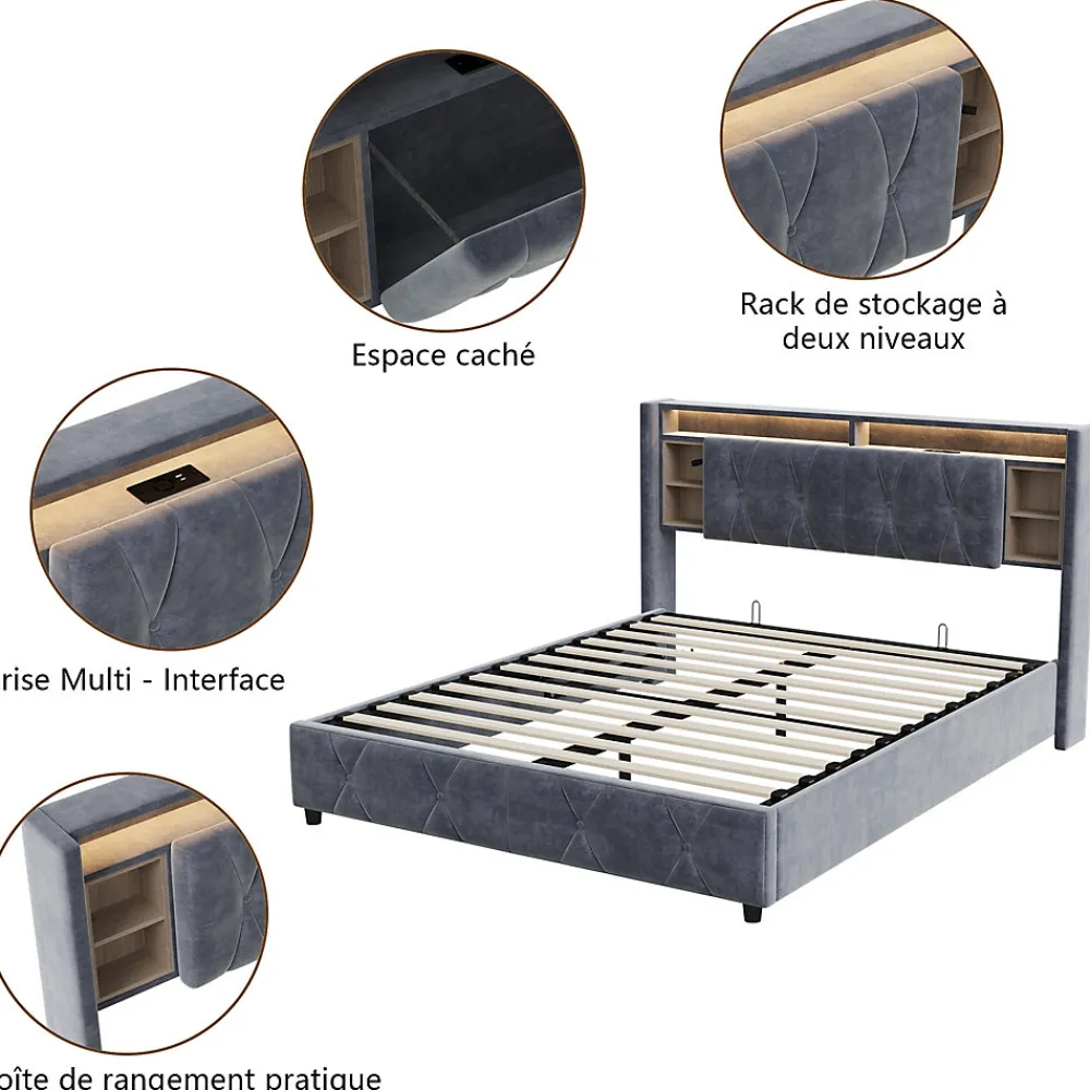 Lit Coffre Avec LED Et USB, Lit Tapissé 160x200, Tissu Velours, Sommier à Lattes En Bois Massif,gris>Simple Life Discount
