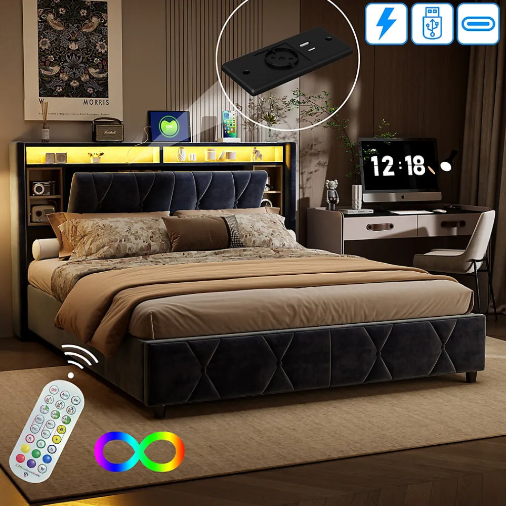 Lit Coffre Avec LED Et USB, Lit Tapissé 160x200, Tissu Velours, Sommier à Lattes En Bois Massif,gris>Simple Life Discount