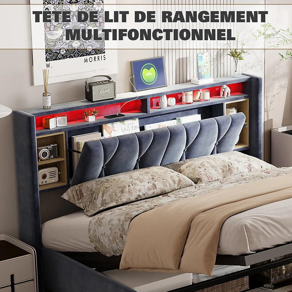 Lit Coffre Avec LED Et USB, Lit Tapissé 160x200, Tissu Velours, Sommier à Lattes En Bois Massif,gris>Simple Life Discount