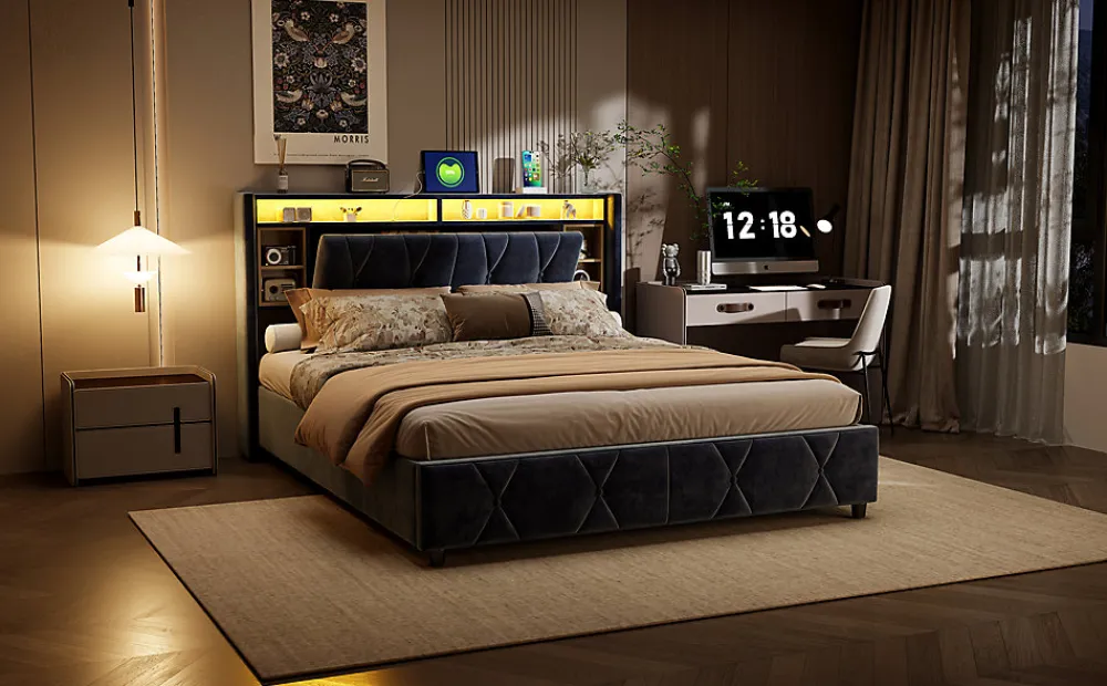 Lit Coffre Avec LED Et USB, Lit Tapissé 160x200, Tissu Velours, Sommier à Lattes En Bois Massif,gris>Simple Life Discount