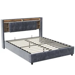 Lit Coffre Avec LED Et USB, Lit Tapissé 160x200, Tissu Velours, Sommier à Lattes En Bois Massif,gris><noscript><img width=