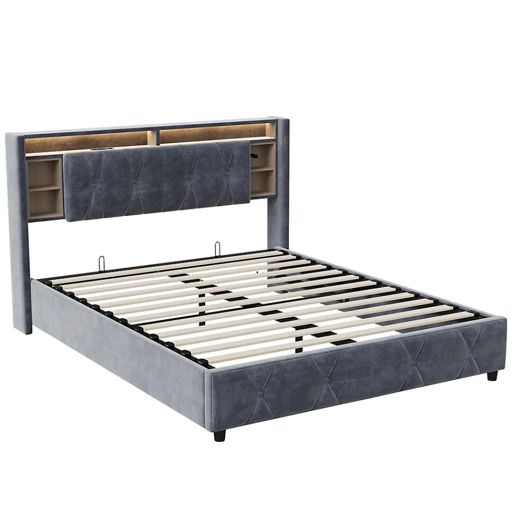 Lit Coffre Avec LED Et USB, Lit Tapissé 160x200, Tissu Velours, Sommier à Lattes En Bois Massif,gris>Simple Life Discount