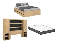 Vente-unique Lit coffre avec pont 140 x 190 cm - Coloris : Naturel et noir + Matelas - LUDARO* Lit Avec Rangement
