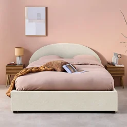 Lit coffre avec sommier à lattes et tête de lit. finition bouclette. blanc. L216.5 x P174 x H102cm>Sweeek Hot