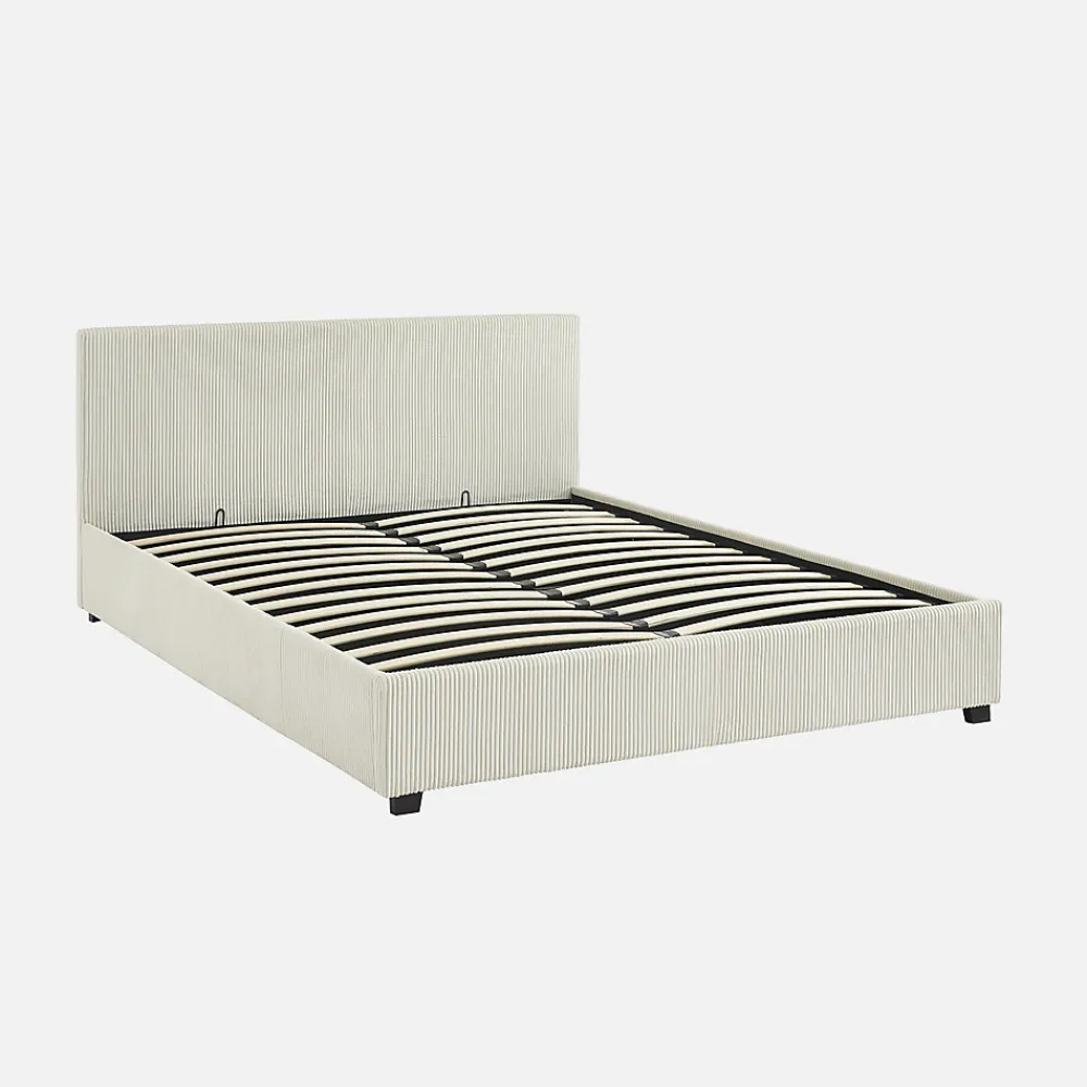 Lit coffre avec sommier à lattes et tête de lit. finition velours côtelé blanc. L 211 x P 168 x H 86cm>Sweeek Clearance
