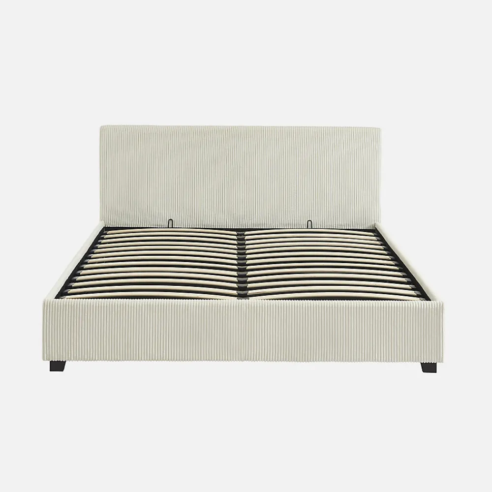 Lit coffre avec sommier à lattes et tête de lit. finition velours côtelé blanc. L 211 x P 168 x H 86cm>Sweeek Clearance