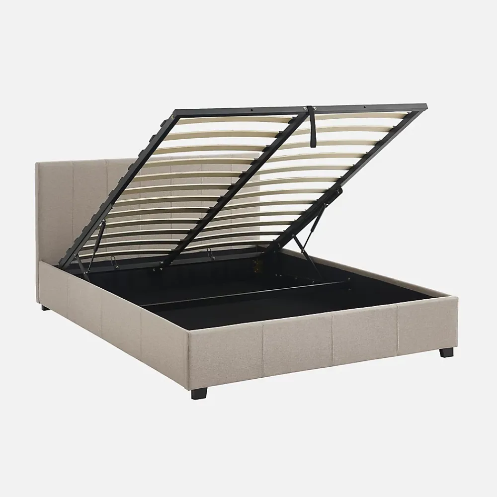 Sweeek Lit coffre avec sommier à lattes et tête de lit. finition tissu beige. L 202 x P 148 x H 86cm* Lit Coffre