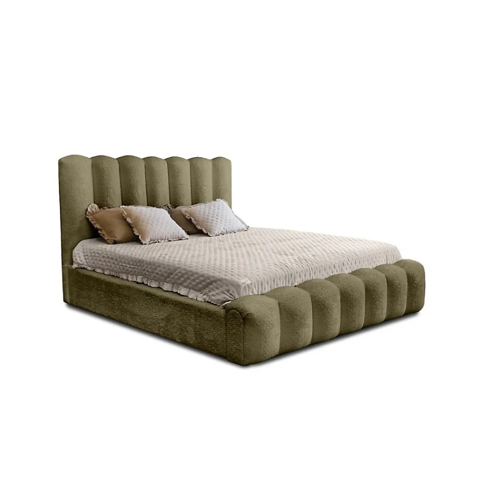 Lit coffre BADJA Tissu bouclé Sauge sèchée 160x200 cm Sommier relevable Design haut de gamme>Meublorama New