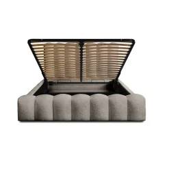 Lit coffre BADJA Tissu bouclé Taupe cendré 140x200 cm Sommier relevable Design haut de gamme><noscript><img width=