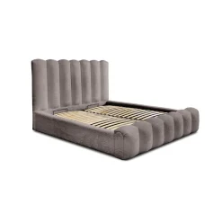 Lit coffre BADJA Tissu bouclé Taupe cendré 140x200 cm Sommier relevable Design haut de gamme><noscript><img width=