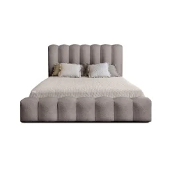 Lit coffre BADJA Tissu bouclé Taupe cendré 140x200 cm Sommier relevable Design haut de gamme><noscript><img width=