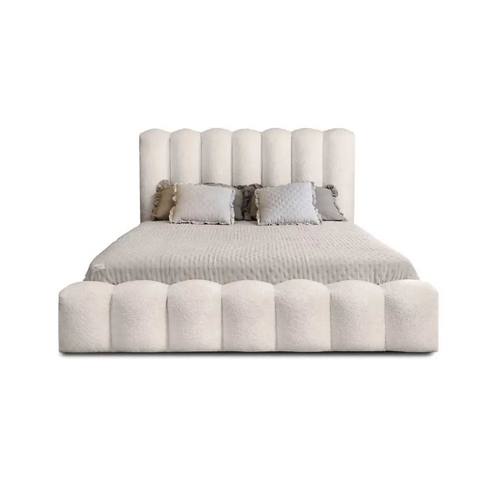 Meublorama Lit coffre BADJA Tissu bouclé Ivoire rosé 180x200 cm Sommier relevable Design haut de gamme* Lit Double