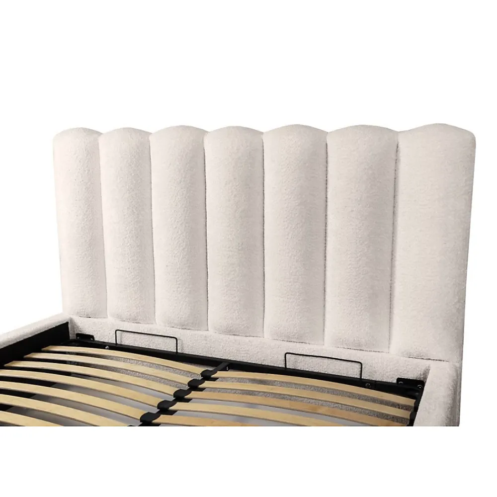 Meublorama Lit coffre BADJA Tissu bouclé Ivoire rosé 180x200 cm Sommier relevable Design haut de gamme* Lit Double