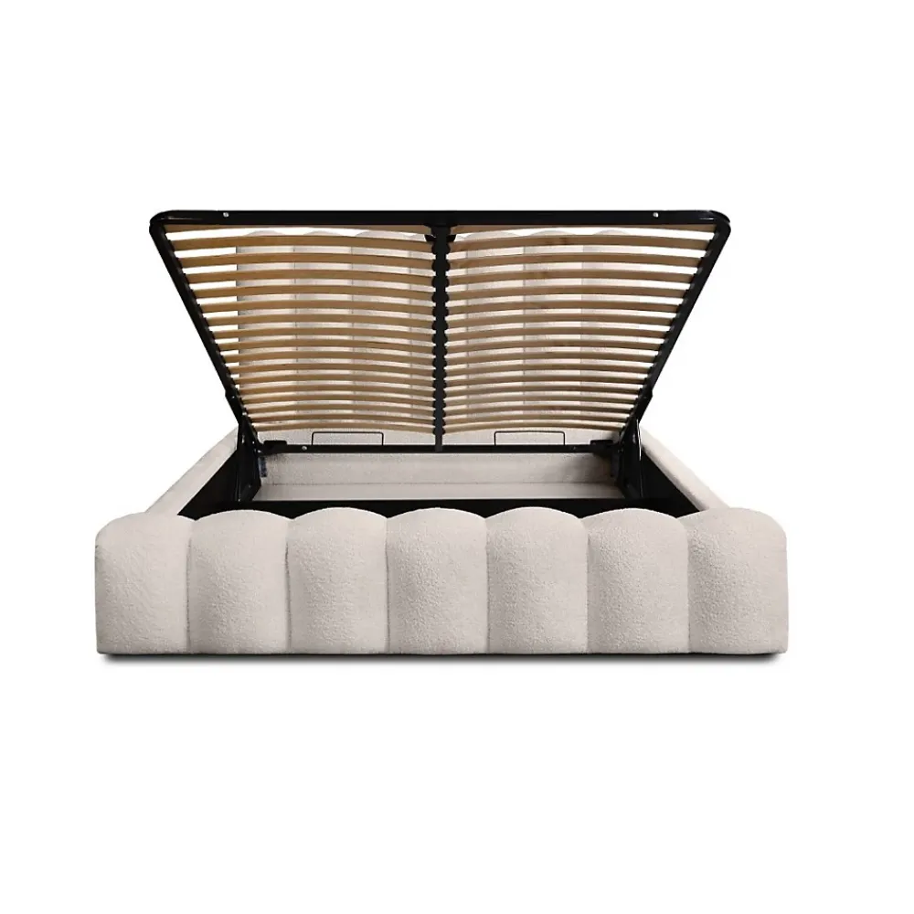 Meublorama Lit coffre BADJA Tissu bouclé Ivoire rosé 180x200 cm Sommier relevable Design haut de gamme* Lit Double