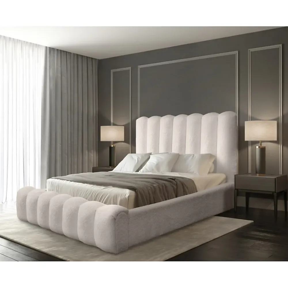 Meublorama Lit coffre BADJA Tissu bouclé Ivoire rosé 180x200 cm Sommier relevable Design haut de gamme* Lit Double