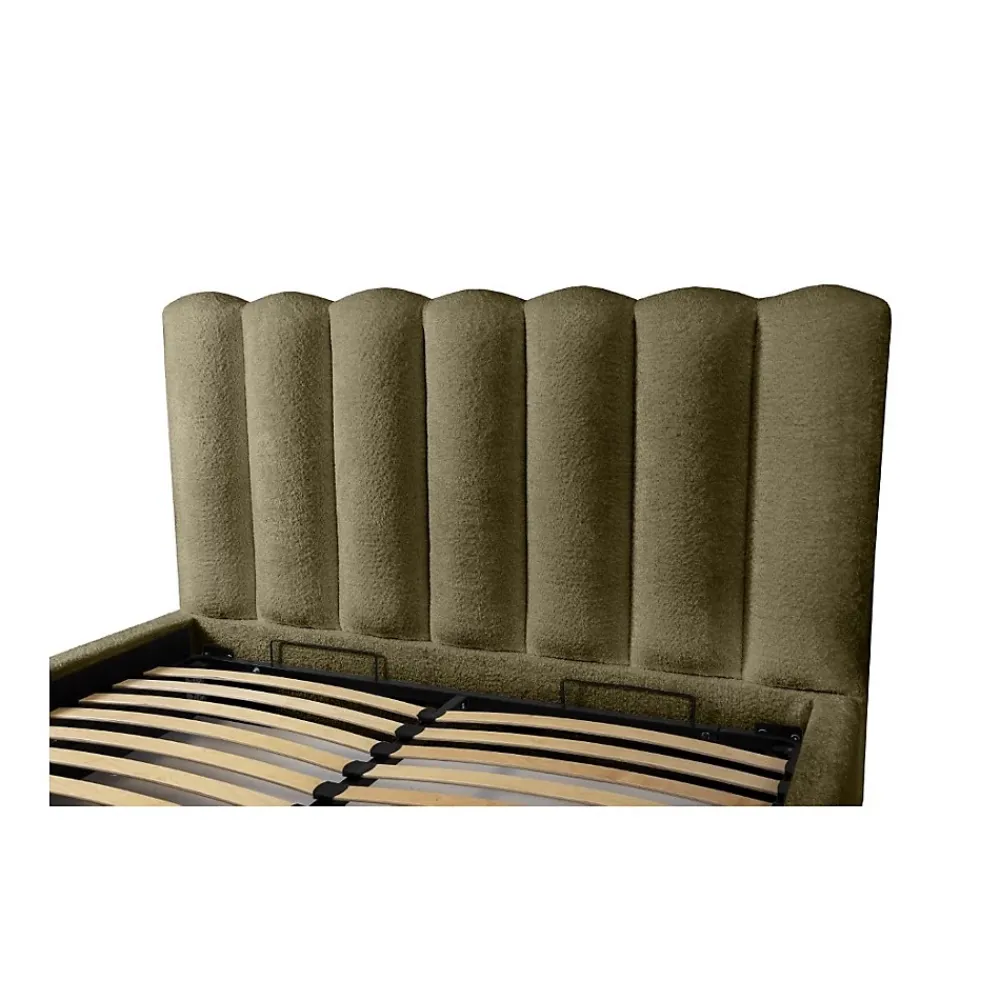 Meublorama Lit coffre BADJA Tissu bouclé Sauge sèchée 140x200 cm Sommier relevable Design haut de gamme* Lit Double