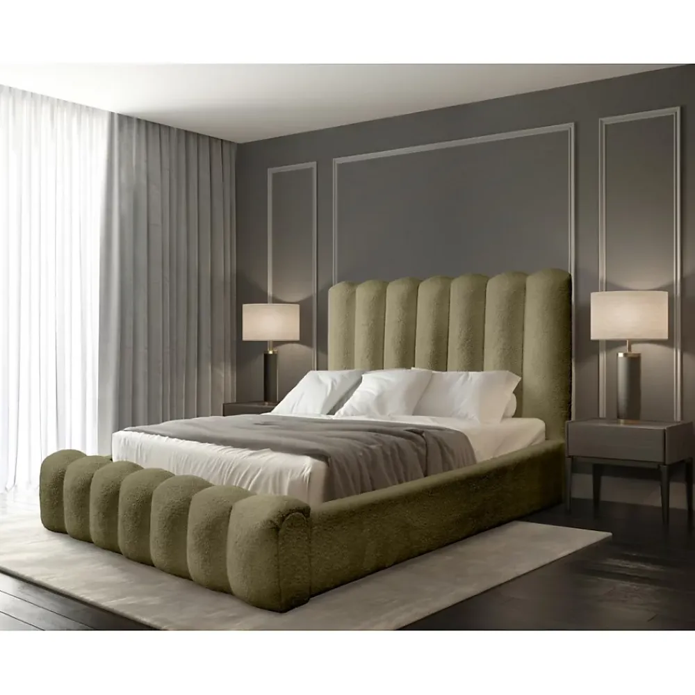 Meublorama Lit coffre BADJA Tissu bouclé Sauge sèchée 140x200 cm Sommier relevable Design haut de gamme* Lit Double