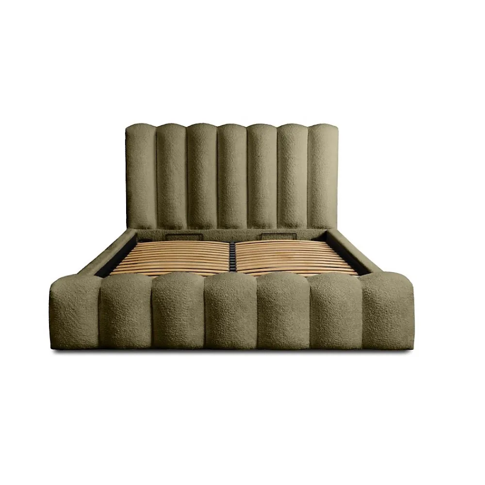 Meublorama Lit coffre BADJA Tissu bouclé Sauge sèchée 140x200 cm Sommier relevable Design haut de gamme* Lit Double