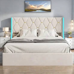ProximaX Lit Coffre beige 160x200 cm, Lit Double avec Rangement, Lits pour Adulte Coffre,avec LED Tete de lit Tissu Velours* Lit Coffre