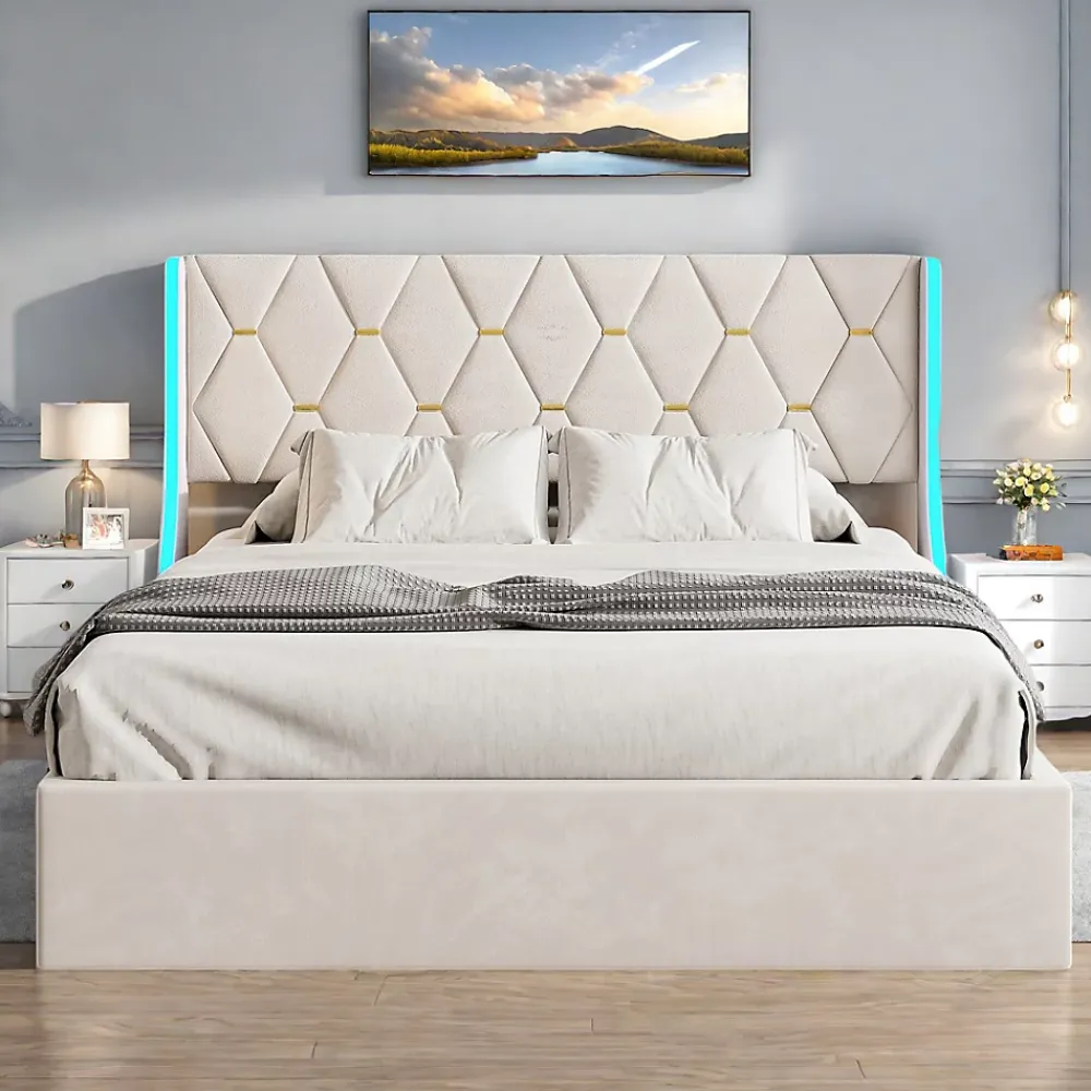ProximaX Lit Coffre beige 160x200 cm, Lit Double avec Rangement, Lits pour Adulte Coffre,avec LED Tete de lit Tissu Velours* Lit Coffre