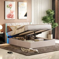 ProximaX Lit Coffre beige 160x200 cm, Lit Double avec Rangement, Lits pour Adulte Coffre,avec LED Tete de lit Tissu Velours* Lit Coffre