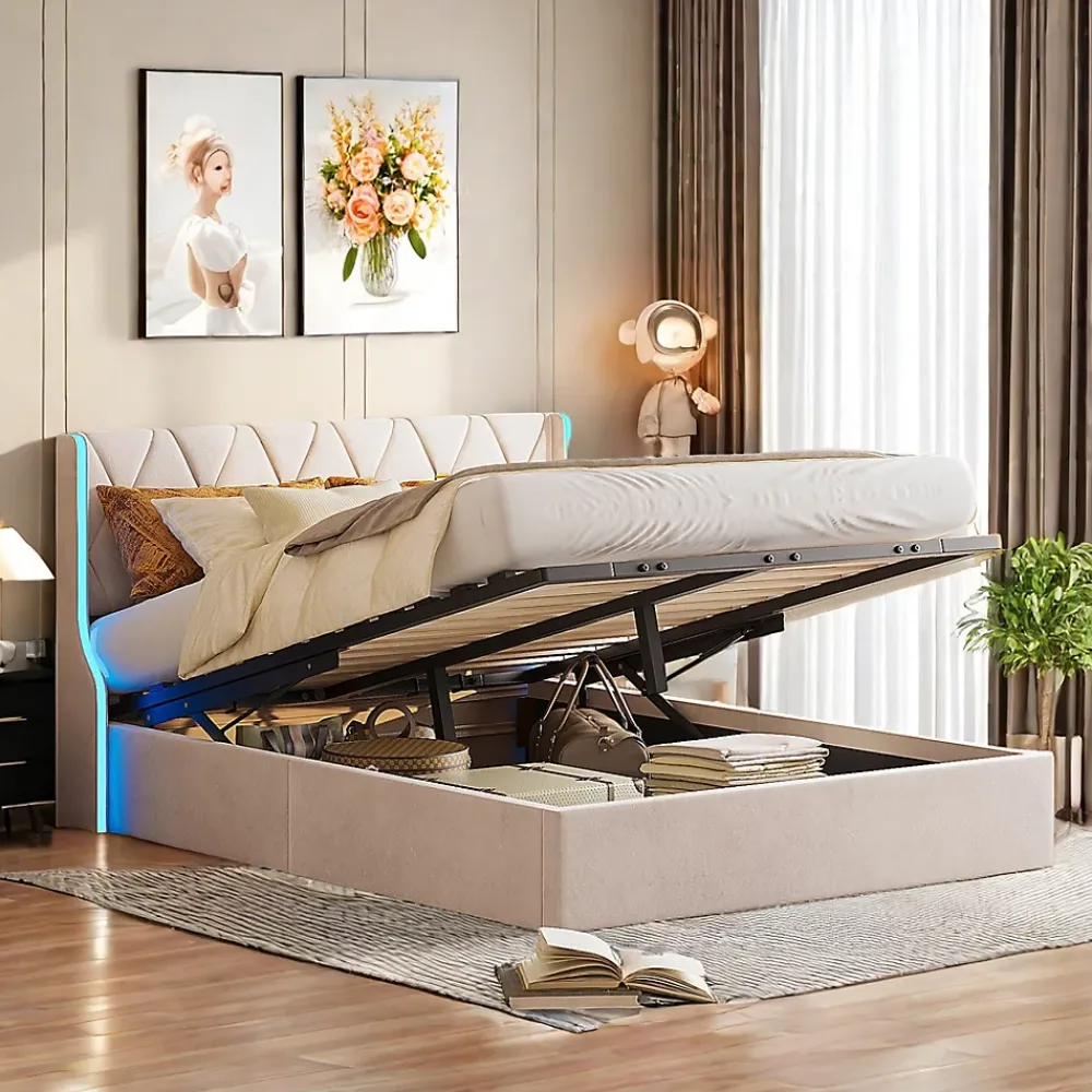 ProximaX Lit Coffre beige 160x200 cm, Lit Double avec Rangement, Lits pour Adulte Coffre,avec LED Tete de lit Tissu Velours* Lit Coffre
