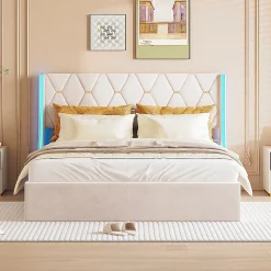 ProximaX Lit Coffre beige 160x200 cm, Lit Double avec Rangement, Lits pour Adulte Coffre,avec LED Tete de lit Tissu Velours* Lit Coffre
