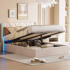 ProximaX Lit Coffre beige 140x190 cm, Lit Double avec Rangement, Lits pour Adulte Coffre,avec LED Tete de lit Tissu Velours* Lit Coffre