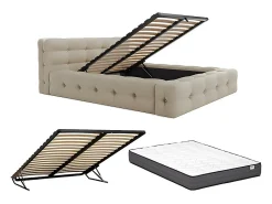 Lit coffre capitonné 140 x 190 cm - Tissu chiné - Beige + Matelas - LERUCO>Vente-unique New