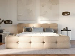 Lit coffre capitonné 140 x 190 cm - Tissu chiné - Beige + Matelas - LERUCO><noscript><img width=