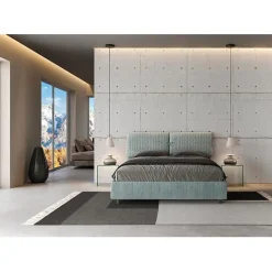 Lit coffre capitonné 160x210 Aragona 7 tissu Mados bleu clair><noscript><img width=