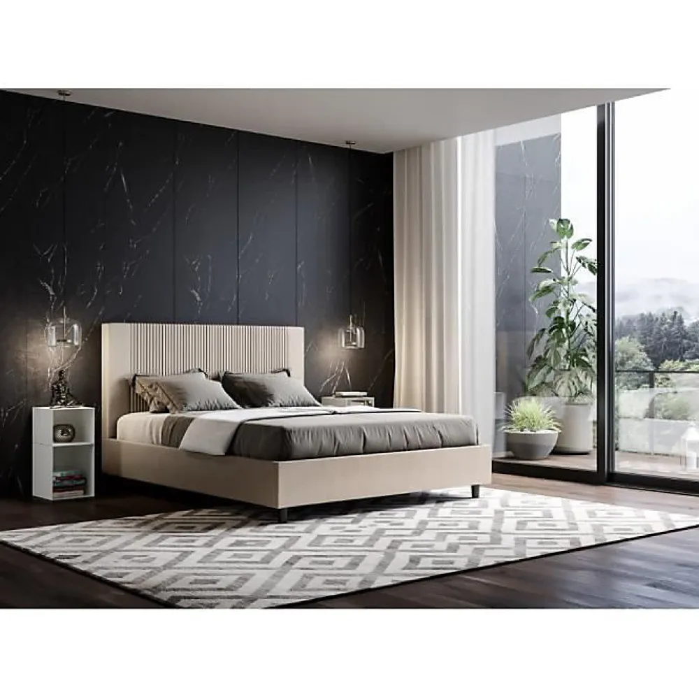 Ityhome Lit coffre capitonné 160x210 Goya simili cuir gris tourterelle* Lit Coffre