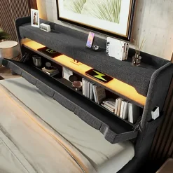ModernLuxe Lit coffre capitonné 160x200cm avec LED et Ports de charge USB - tissu en Lin - tête de lit avec espace de rangement - Gris* Lit Coffre