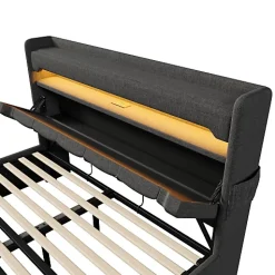 ModernLuxe Lit coffre capitonné 160x200cm avec LED et Ports de charge USB - tissu en Lin - tête de lit avec espace de rangement - Gris* Lit Coffre